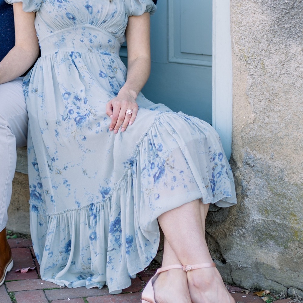 LOVESHACKFANCY dusty blue silk floral puff sleeve midi dress 0 SMALL fits like 2